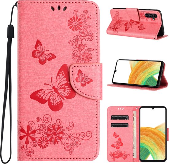 PU BookCover Hoes Etui geschikt voor Samsung Galaxy A35 Roze Vlinders