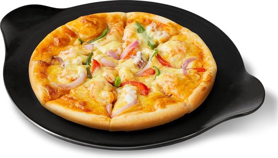 Foto: Pizzasteen met 2 handgrepen gemaakt van 100 natuurlijk cordieriet keramiek veilig tot 900 c perfect voor pizza en alles wat je maar wilt geschikt voor oven grill roker zwart 