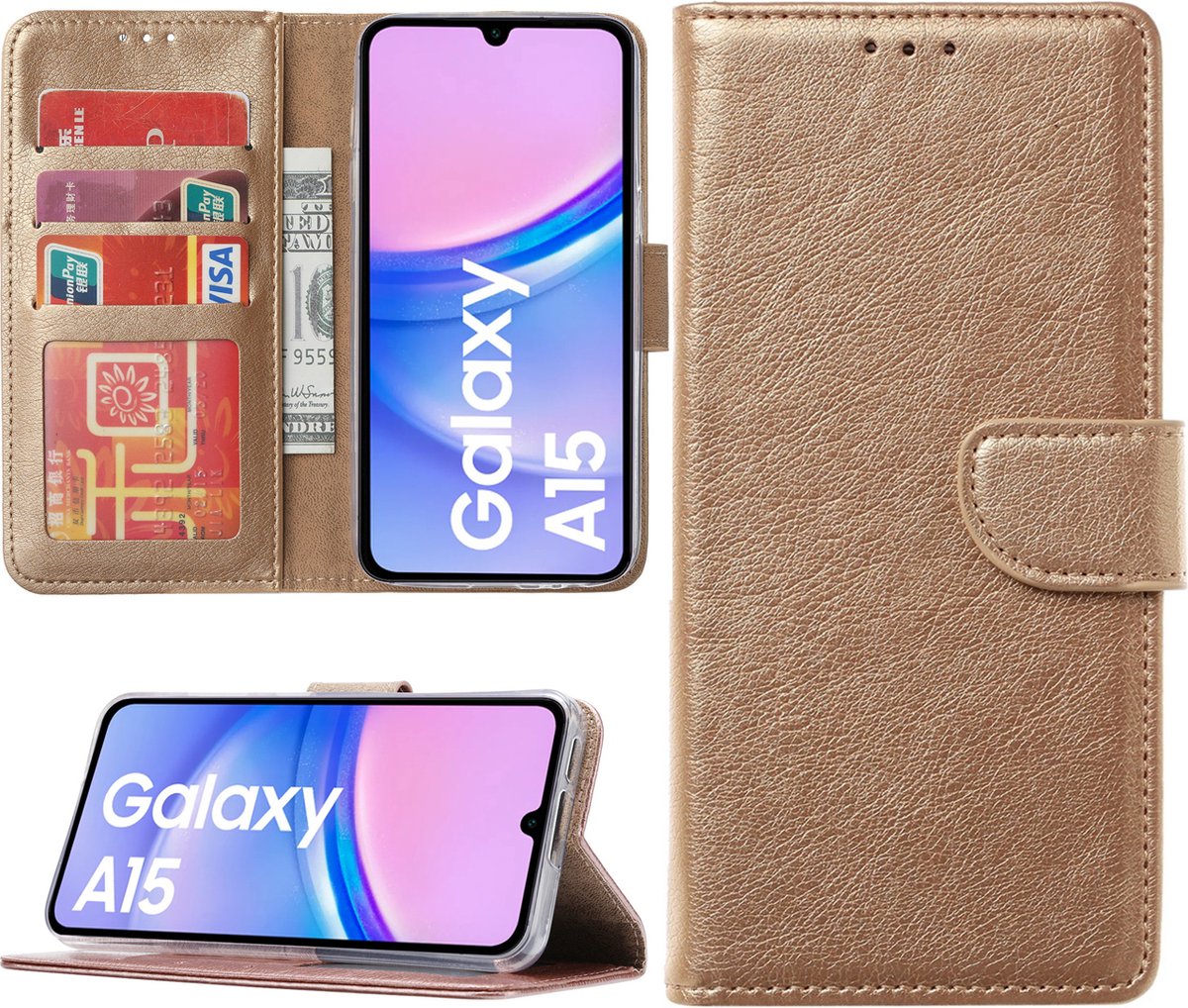 Arara Hoesje geschikt voor Samsung Galaxy A15 hoesje - Bookcase met pasjeshouder - Goud