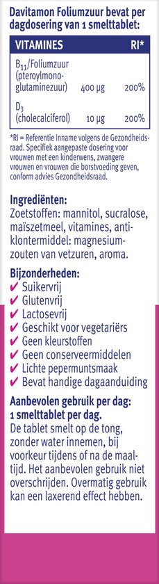 Davitamon Foliumzuur bevat per dagdosering van 1 smelttablet: 400 mcg B11/Foliumzuur en 10 mcg D3. Zonder conserveermiddelen, lichte pepermuntsmaak.