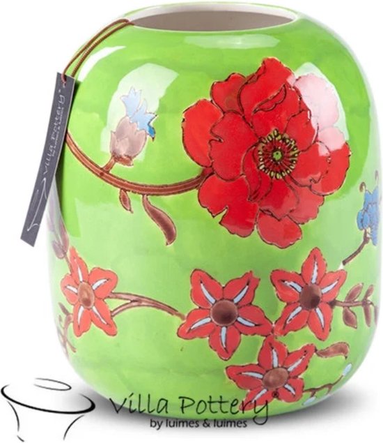 Vaas - Villa Pottery - Porselein - Waterdicht - Decoratie - Woondecoratie - Moederdag - Happy Flowers 1 Green