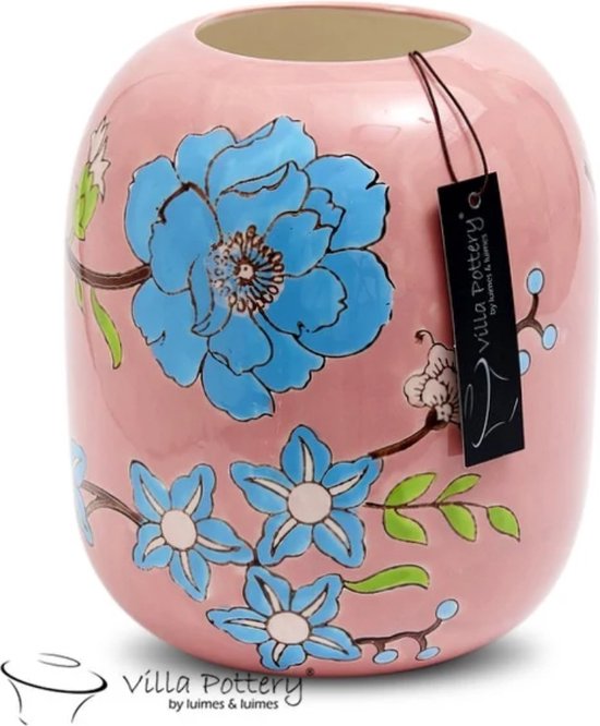 Vaas - Villa Pottery - Porselein - Waterdicht - Decoratie - Woondecoratie - Moederdag - Happy Flowers 1 Pink Blue
