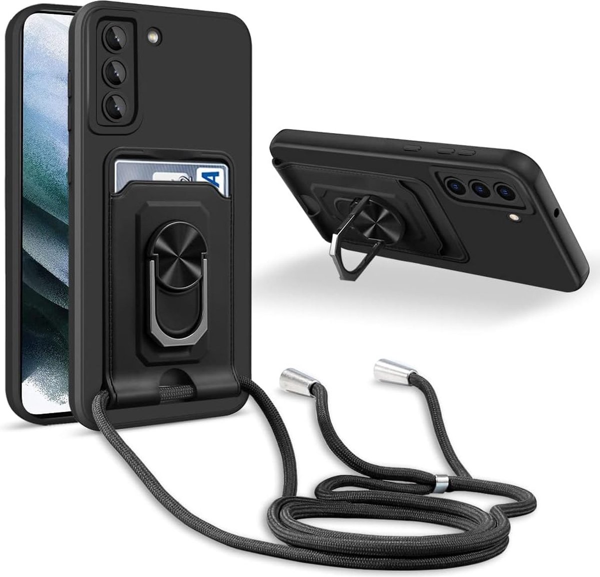 Crossbody hoes Geschikt voor: Samsung Galaxy S21 - zwart - siliconen kaarthouder telefoonhoes met Verstelbare ketting riem - Back cover koord lanyard Schokbestendig Hoesje