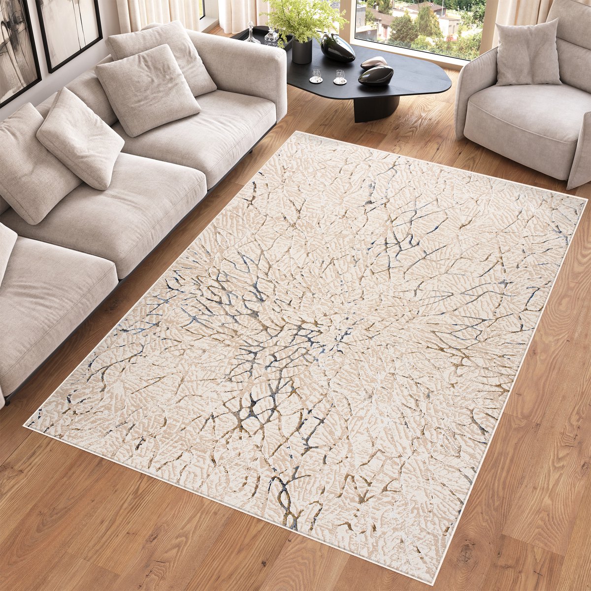 Tapiso Hera Vloerkleed Beige Creme Woonkamer Abstract Tapijt Maat- 80x150 Beige Creme Blauw