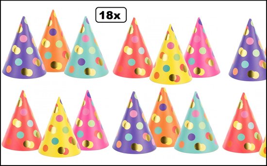18x Luxe Feesthoedjes karton dots assortie - Stip - Verjaardag thema feest party evenement festival party fun