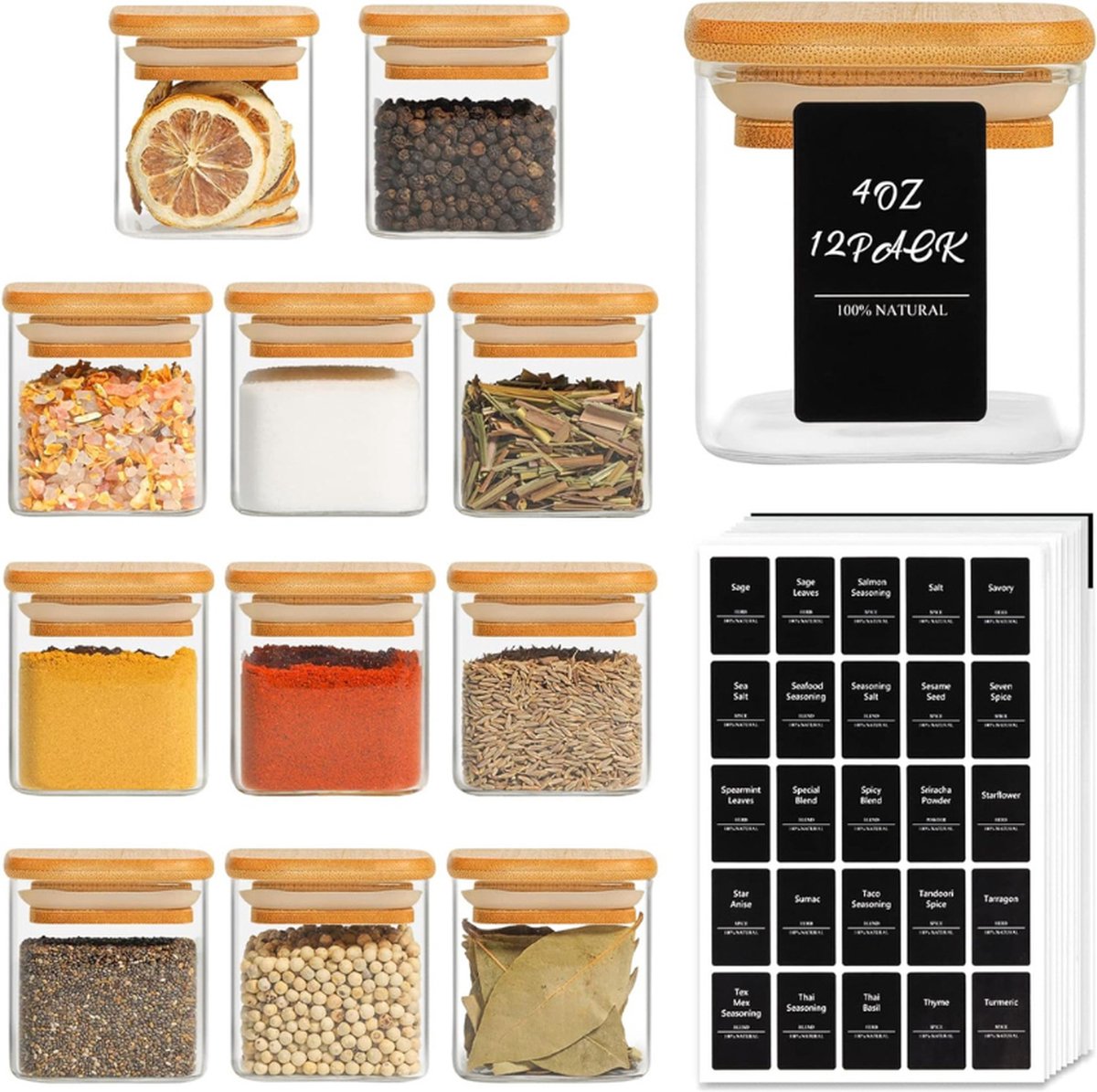 Kruidenpotjes Vierkant Set van 12 120 ml Luchtdicht Bamboe deksels Upgrade je keukenorganisatie met deze set van 12 luchtdichte glazen kruidenpotjes met bamboe deksels. Perfect voor het bewaren van specerijen zout en meer!