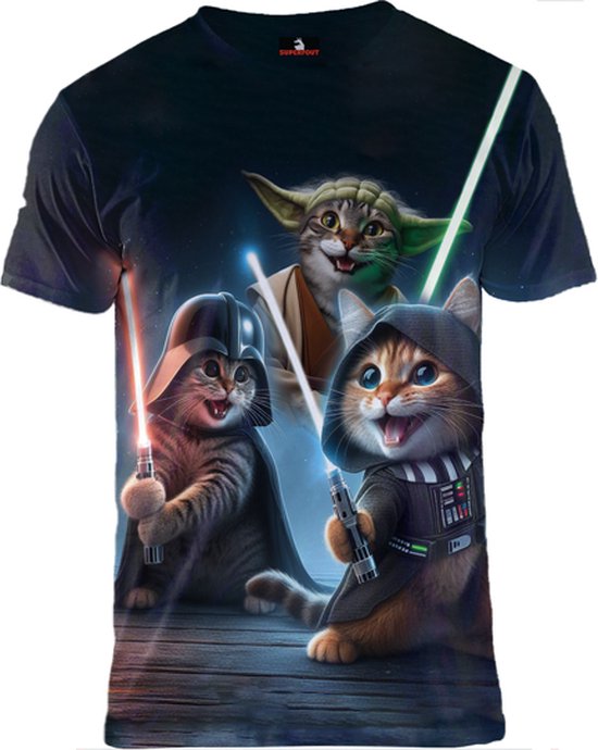Katten spelen met lightsabers T-shirt Maat XL - Crew neck - Festival shirt - Superfout - Fout T-shirt - Feestkleding - Festival outfit - Foute kleding - Kattenshirt