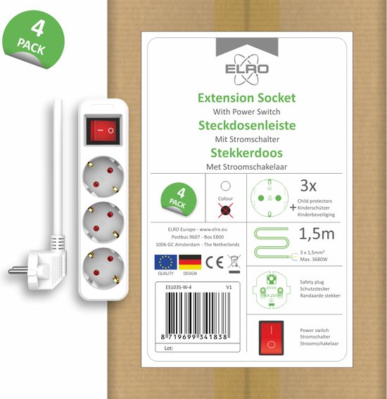 Verpakking van 4 witte stekkerdozen ELRO ES103S-W met 3 stopcontacten, schakelaar, 1,5m kabel en kinderveiligheid.