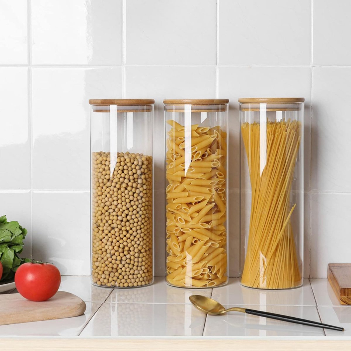 Voorraadpotten Glas met Deksel - Luchtdicht - Bambus deksel - Set van 3 Bewaar je voedsel, pasta en poeder op een stijlvolle en luchtdichte manier met deze glazen voorraadpotten. Met bamboe deksels en siliconen afdichtringen. — cadeau in Wonen & Interieur - foto 7