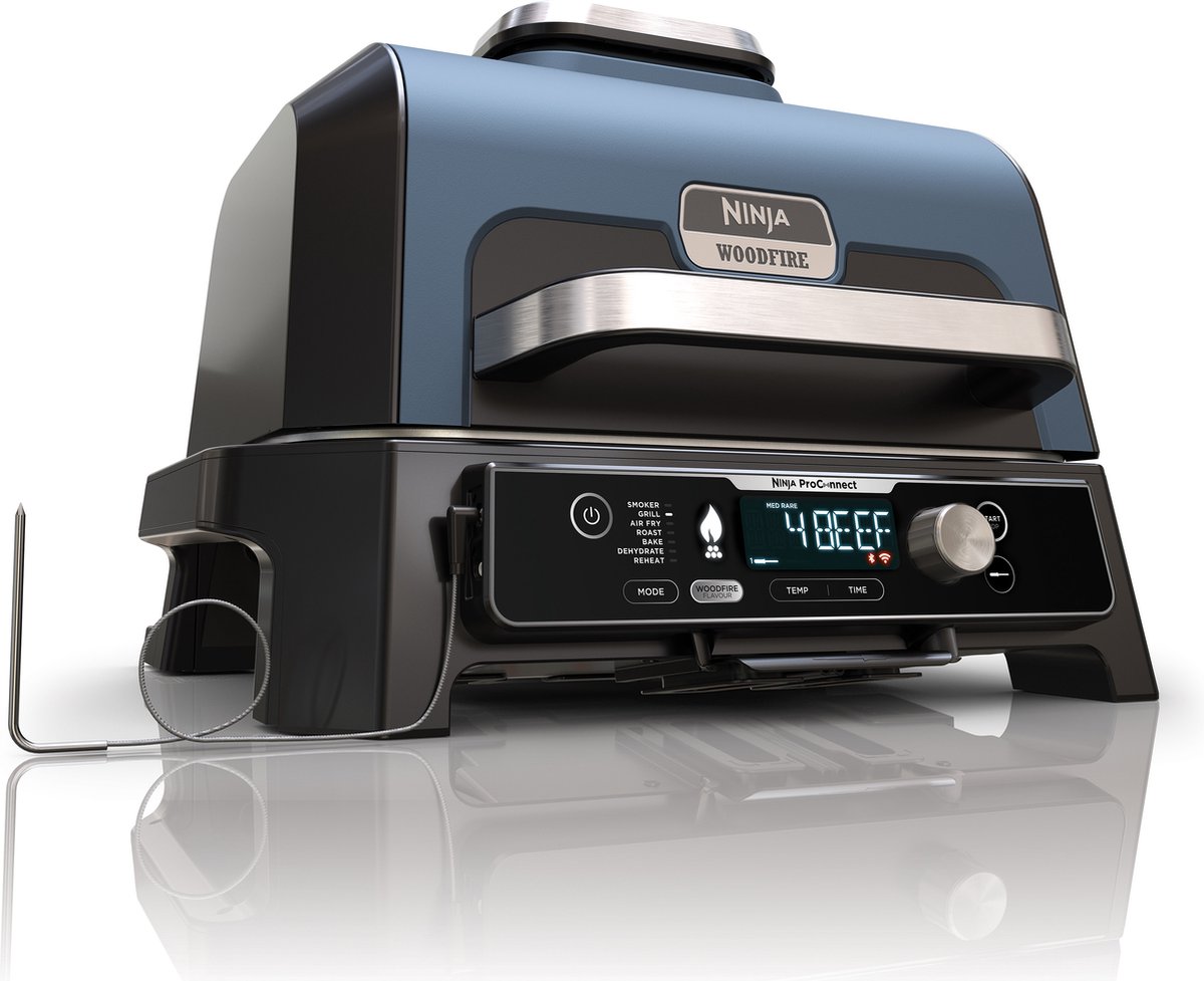 Ninja Woodfire Pro Connect XL - 7-in-1 Elektrische Smart BBQ Grill en Smoker - Inclusief Digitale Braadthermometer - Connect App - OG901EU