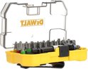 Gele DeWalt bitset in gesloten, doorzichtige kunststof cassette. De bits zijn georganiseerd in een zwarte houder.