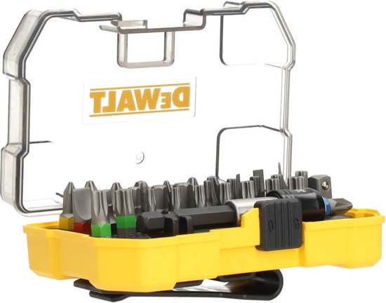 Gele DeWalt bitset in gesloten, doorzichtige kunststof cassette. De bits zijn georganiseerd in een zwarte houder.