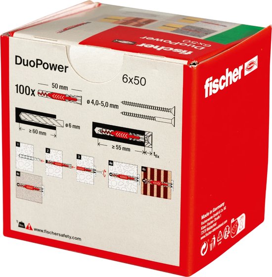 Doos met 100 fischer DuoPower pluggen 6x50mm, met afbeeldingen van installatiestappen en specificaties.