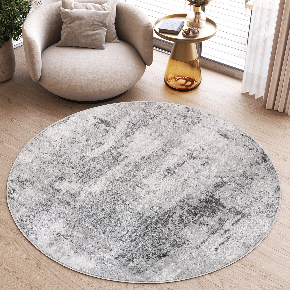 Tapiso Sky Rond Vloerkleed Hoogpolig Lichtgrijs Shaggy Woonkamer Tapijt Maat- 160x160 Grijs Abstract 1