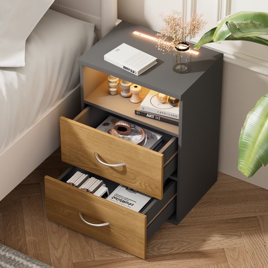 CASARIA Table de Chevet Set de 2 - LED 2 Tiroirs 40x28x55cm - BoisAnthracite