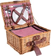 Rieten Picknickmand voor 2 Personen met Isothermisch Compartiment en Inclusief Accessoires - Rood en Wit Geruit Patroon, 35 x 27 x 16 cm