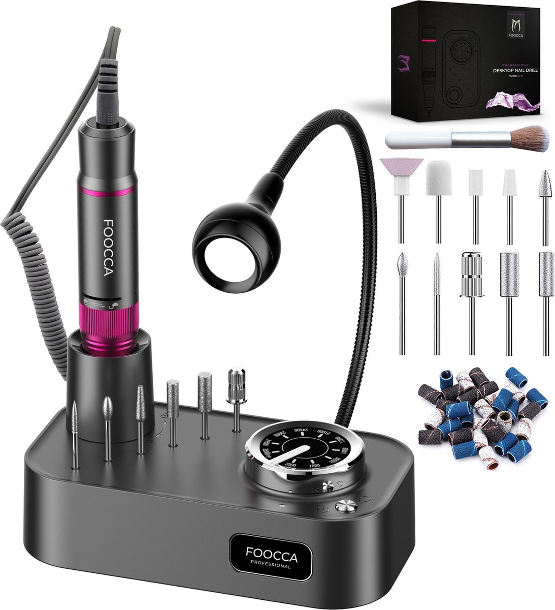 FOOCCA® Desktop Pro - Elektrische Nagelvijl 45000 RPM - LED Verlichting - Nagelfrees - Manicure en Pedicure Set - Eeltverwijderaar - 12 Bitjes en 65 Schuurrolletjes (uitbreidbaar) - 2 Extra Accessoires op Prijzenvolger.com