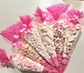 geboorte-babyshower-snoeppakket-roze-spekken-chocolade-vruchtenhartjes-minispekken-babyschuim-meisje-kraamfeest