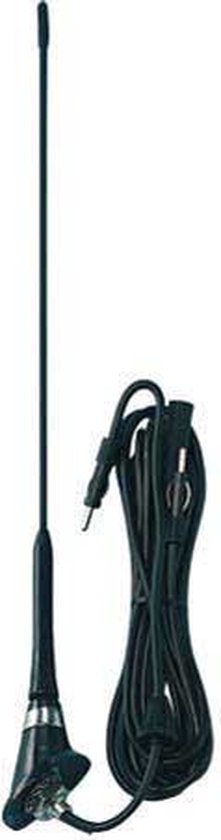 Zwarte autoantenne met lange, dunne staaf en zwarte kabel.