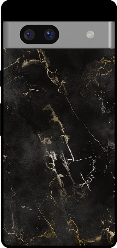 Coque de téléphone Google Pixel 7A avec un design marbre noir et des veines dorées.