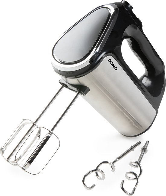 Zwarte handmixer met RVS behuizing, met twee sets kloppers.