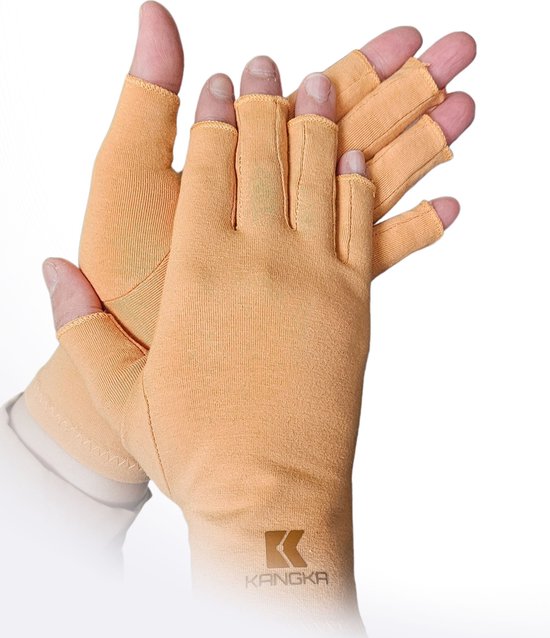 KANGKA® Reuma Artritis Handschoenen met Open Vingertoppen Maat M - Licht Bruin - Vingerloze Katoen Handschoenen - Unisex