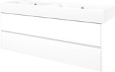 Proline Porselein Loft badmeubelset met wastafelonderkast symmetrisch met 2 laden en glans witte wastafel zonder kraangaten 140 x 46 x 62 cm, mat wit