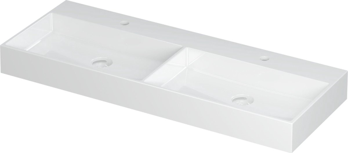INK United wastafel porselein dubbele wasbak met 2 kraangaten inclusief porseleinen click plug en verborgen overloop systeem 120x45x11cm, glans wit