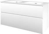 Proline Porselein Elegant badmeubelset met wastafelonderkast asymmetrisch met 4 laden en glans witte dubbele wastafel zonder kraangaten 120 x 46 x 60