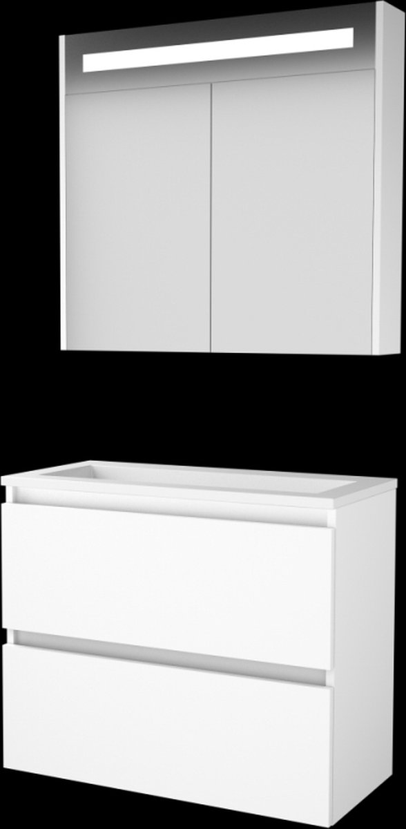 Basic Premium 39 badmeubelset met spiegelkast met geïntegreerde LED verlichting, greeploze wastafelonderkast met 2 lades en acryl wastafel zonder
