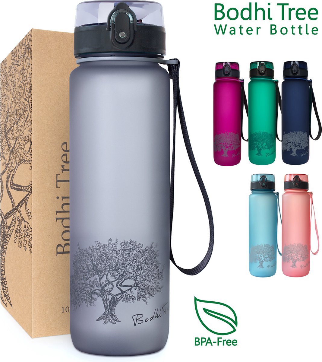 Bodhi Tree Drinkfles 1 Liter - Waterfles Volwassenen - BPA vrij - Sportfles - Bidon 1l - Sports Water Bottle - Grijs - Bodhi Tree