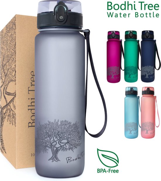 Bodhi Tree Drinkfles 1 Liter - Waterfles Volwassenen - BPA vrij - Sportfles - Bidon 1l - Vaderdag Cadeau - Sports Water Bottle - Grijs
