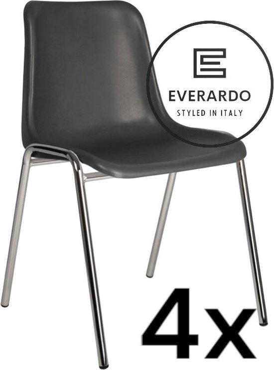King of Chairs -set van 4- model KoC Everardo antraciet met verchroomd onderstel. Kantinestoel stapelstoel kuipstoel vergaderstoel tuinstoel kantine stoel stapel kantinestoelen stapelstoelen kuipstoelen stapelbare keukenstoel Helene eetkamerstoel
