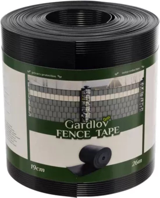Rol donkergrijs vlechtbandhekwerk, 19 cm x 26 m, met 'Gardlov FENCE TAPE' label.