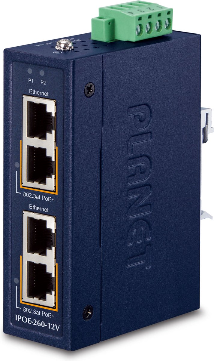 PLANET Industrial 2-port 10/100/1000T Gigabit Ethernet (10/100/1000) Power over Ethernet (PoE) Blauw