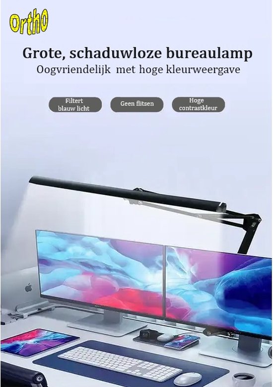 Ortho® - Lampe de bureau avec pince - Lampe de lecture - Lampe de moniteur - Travail à domicile - Lampe de travail manuel - Lampe de loisirs - Lampe de broderie - Double source de lumière - Lumière LED - Rechargeable par USB - Dimmable - Zwart