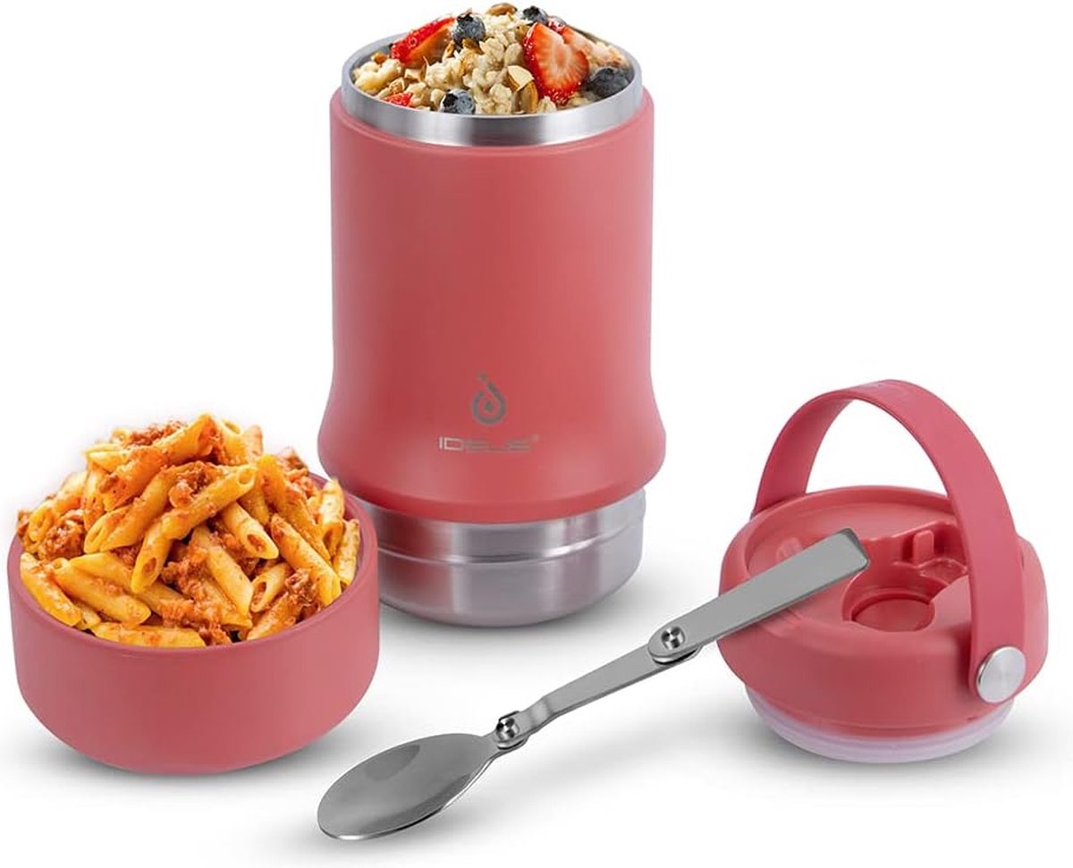 Voedselcontainer met opvouwbare lepel roestvrijstalen geïsoleerde voedselfles 600 ml voor school kantoor reizen kamperen 12 uur warm 24 uur koud (20 oz rood)