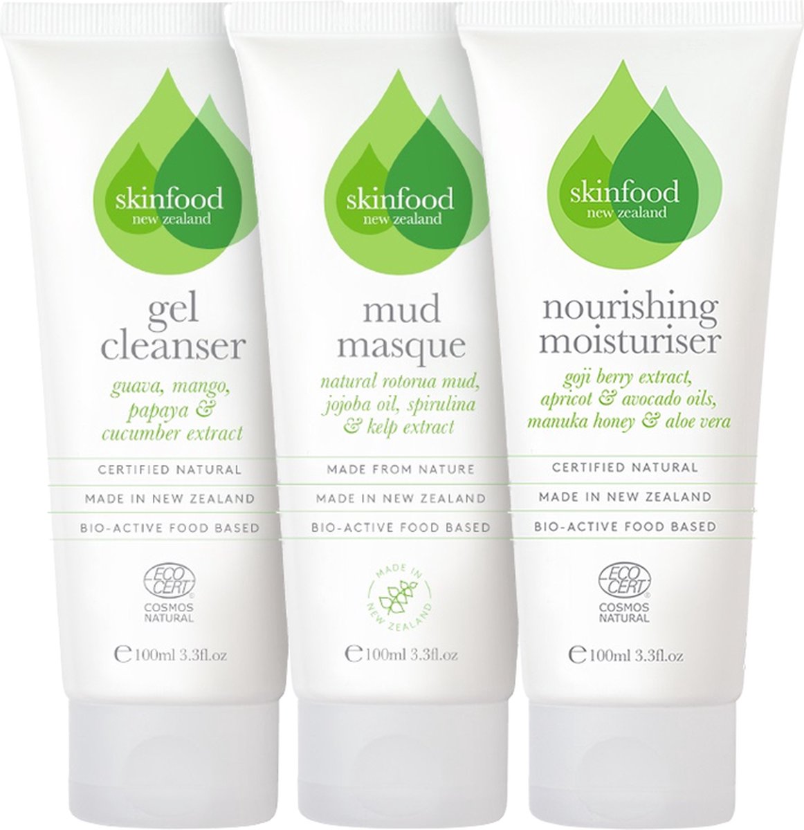 SKINFOOD NZ Skincare Geschenkset - Reinigingsgel, Hydraterende Crème & 2 Gezichtsmaskers - Voor Droge Huid