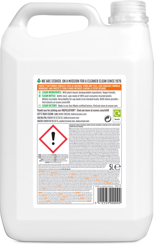 Ecover Vloerreinigingsmiddel - Grootverpakking 5 L - krachtige formule - zonder chloor - Plantaardig & Biologisch afbreekbaar - Sinaasappel & Citroen geur