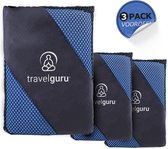 TravelGuru Set de 3 serviettes de voyage en microfibre – 1 x grande (85 x 150 cm), 2 x petite (40 x 80 cm) – Serviette légère à séchage rapide, idéale pour le sport, les voyages, outdoor et la plage – Serviette de voyage en microfibre – Blauw