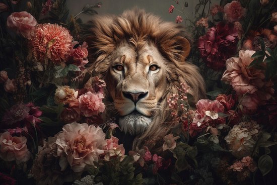 Glasschilderij 120x800x0.4 Lion with flowers