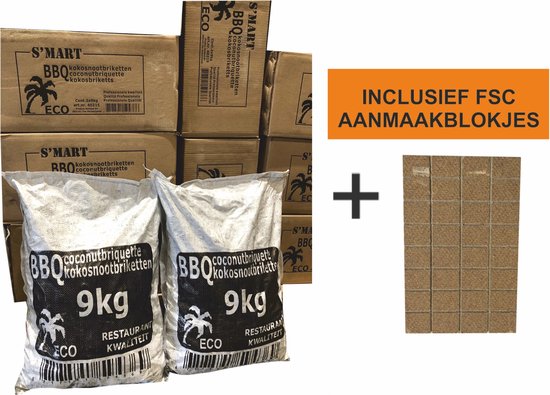 Kokosbriketten 2x9kg inclusief FSC aanmaakblokjes, voordeel verpakking, S'MART, coco briquettes, Cocosbriketten inclusief aanmaakblokjes, kokosnootbriketten - Weber formaat briketten.