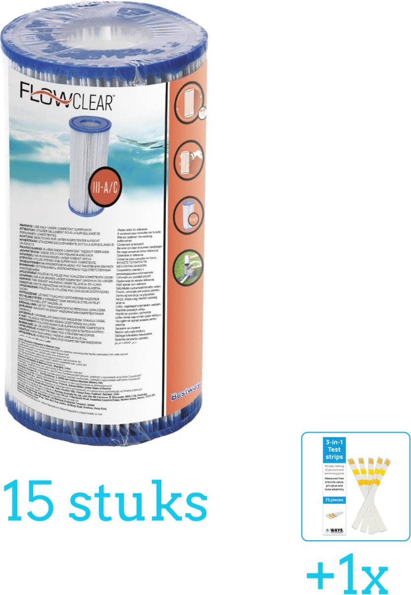 Bestway Flowclear Filter Cartridge (III) 15 stuks Voordeelverpakking Inclusief WAYS Testrips (1 stuks) Type 3 Type III filter Geschikt voor 58389 Pomp
