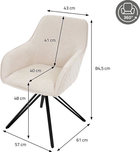 ML-Design eetkamerstoelen draaibaar set van 2, textiel geweven stof, crème, woonkamerstoel met armleuning/rugleuning, 360° draaibare stoel, gestoffeerde stoel met metalen poten, ergonomische fauteuil
