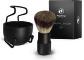 MONTE - Scheerkwast set - Scheerkwast, kom & houder - Shaving Brush Set - Vegan - Zachte haren - Zwart - Black
