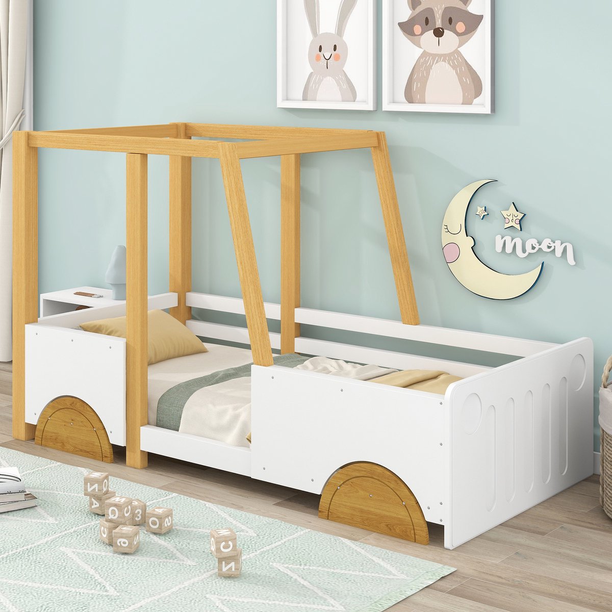 Sweiko Autobed, Kinderbed met MDF wielen, frame in dennenhout, Wit en natuurlijk (90x200cm)