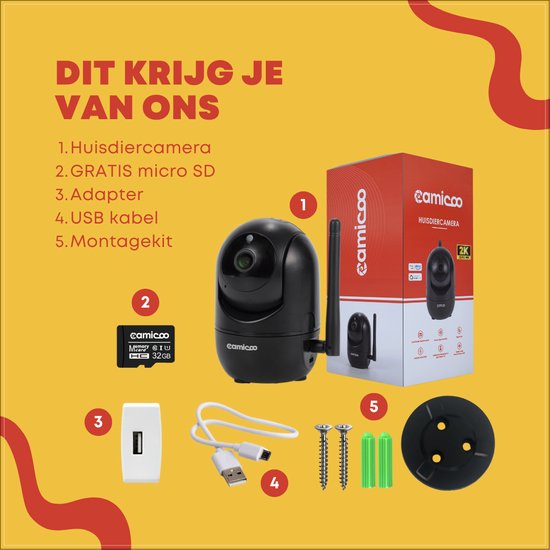 Camicoo® Beveiligingscamera binnen - Huisdiercamera met app - Hondencamera - Petcam - Incl. 32GB SD - Ultra HD 2K 3MP - Eenvoudige Installatie - Volgt beweging en geluidsdetectie - Alexa, Google Assistant en 5GHz compatibel - Indoor camera - Zwart