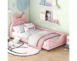 Product: Sweiko 90 x 200cm eenpersoonsbed, kinderbed, kartonnen oorvorm, houten Platte noedelslijst en rugleuning, Roze, van het merk 