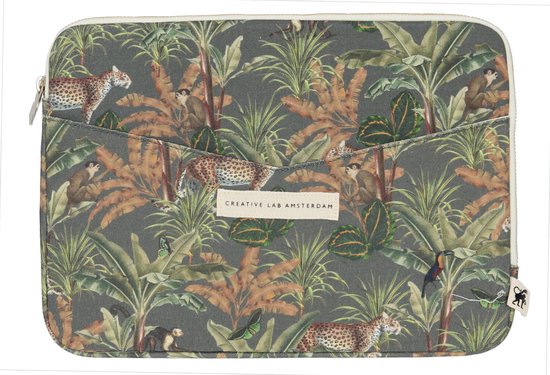 Housse d'ordinateur portable gris foncé avec un imprimé jungle luxuriant de feuilles de bananier, de léopards et de singes.