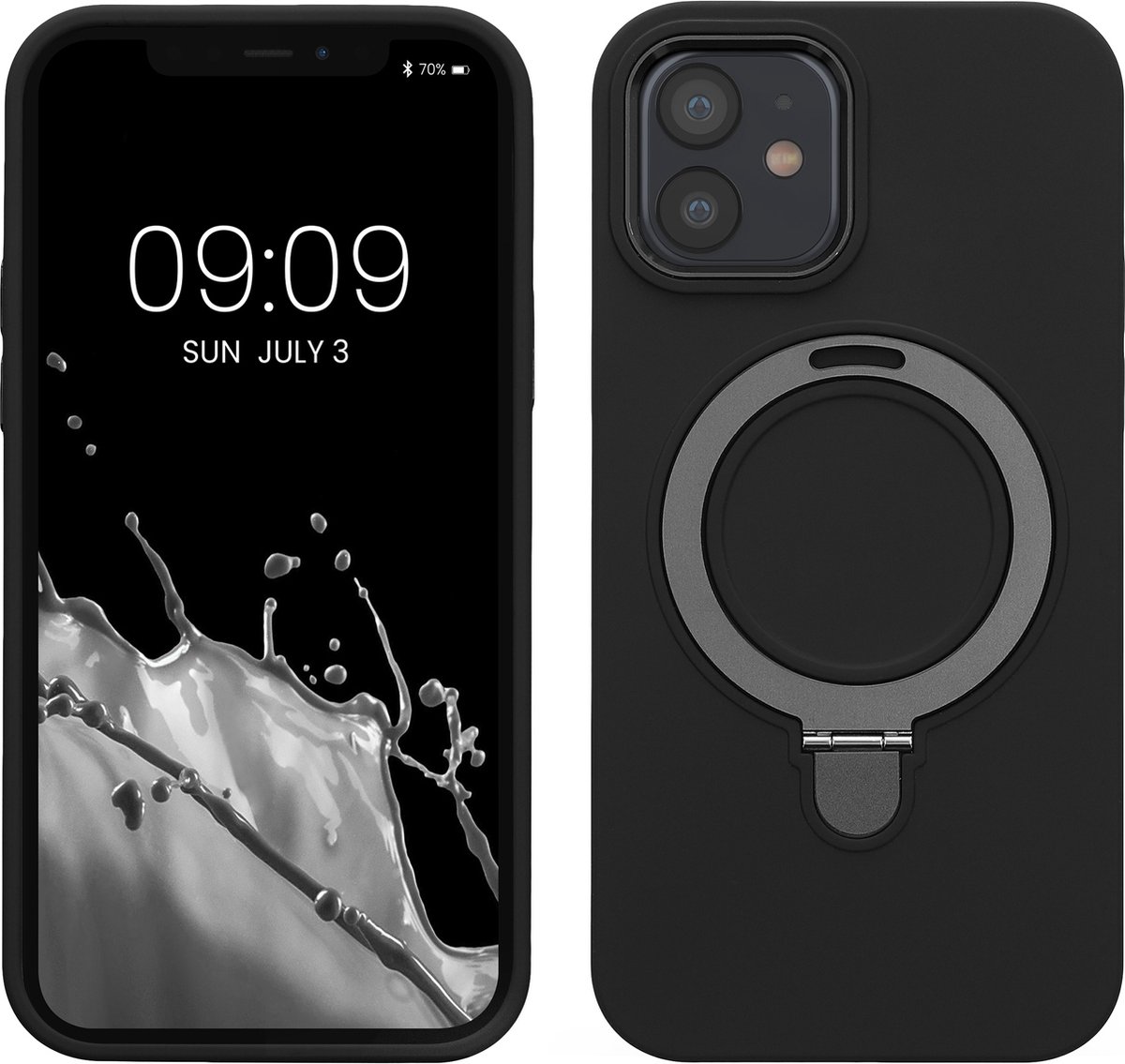 kalibri telefoonhoesje Apple iPhone 12 hoesje - beschermhoesje geschikt voor MagSafe - siliconen hoesje met telefoon ring in zwart